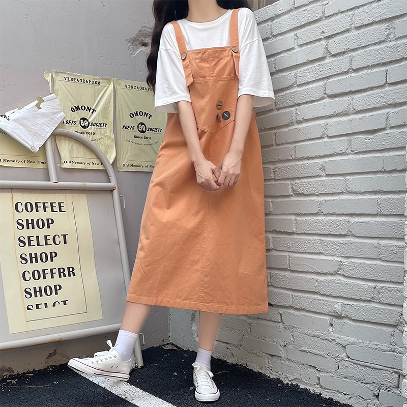 スカート シンプル胸ポケット付きジャンパースカート