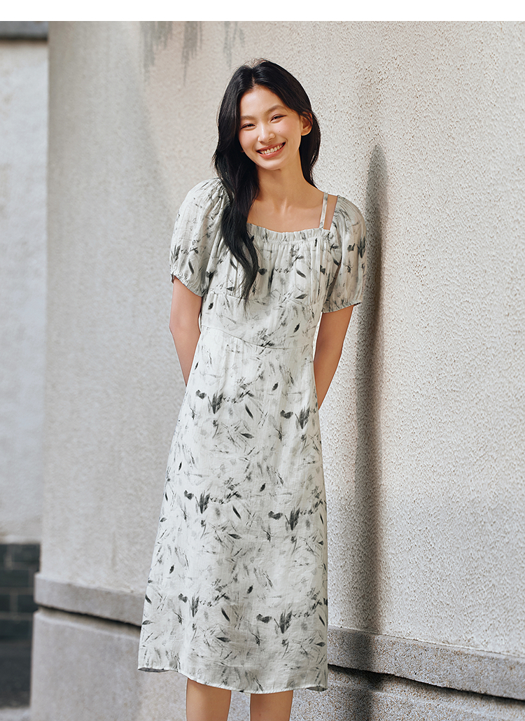 スカート 草模様パフスリーブジャンパースカート