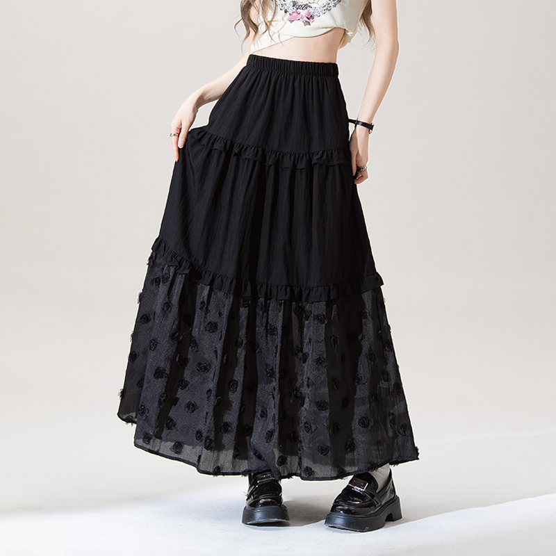 スカート 花模様チュールティアードスカート