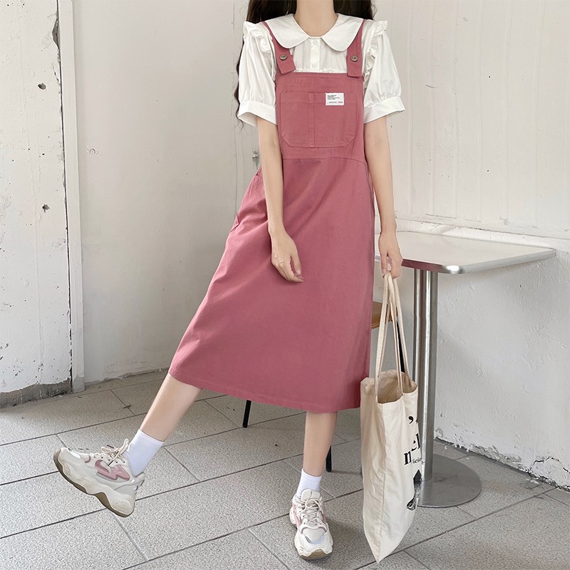 スカート シンプル胸ポケット付きジャンパースカート