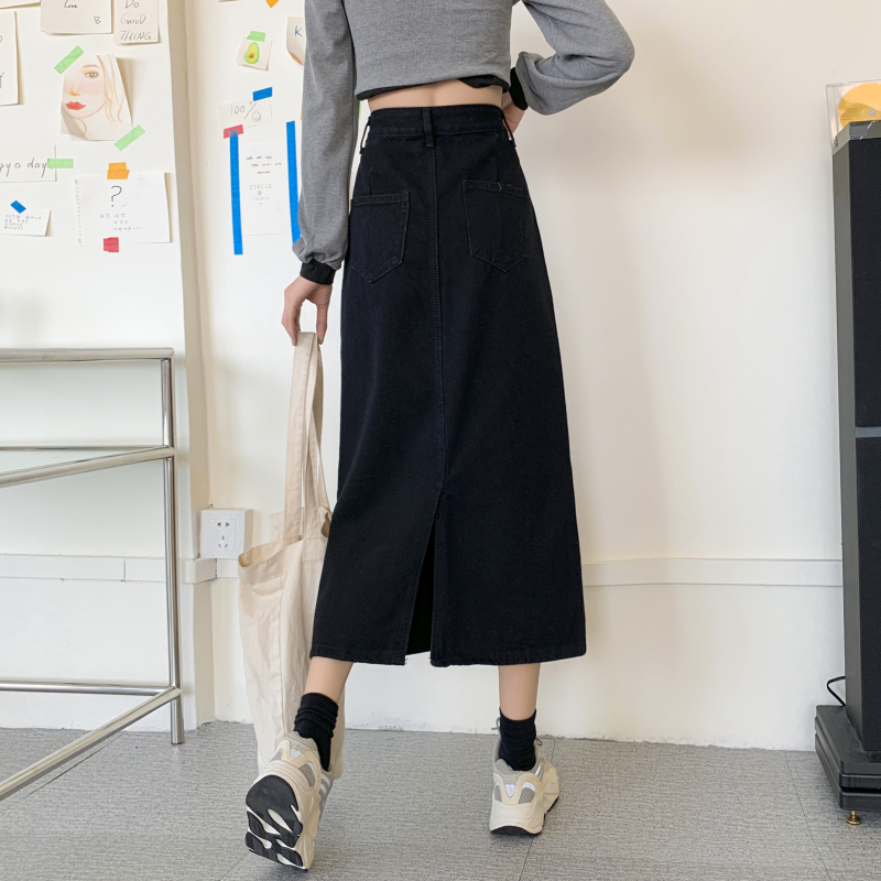スカート デニム風ハイウエストロングフレアスカート