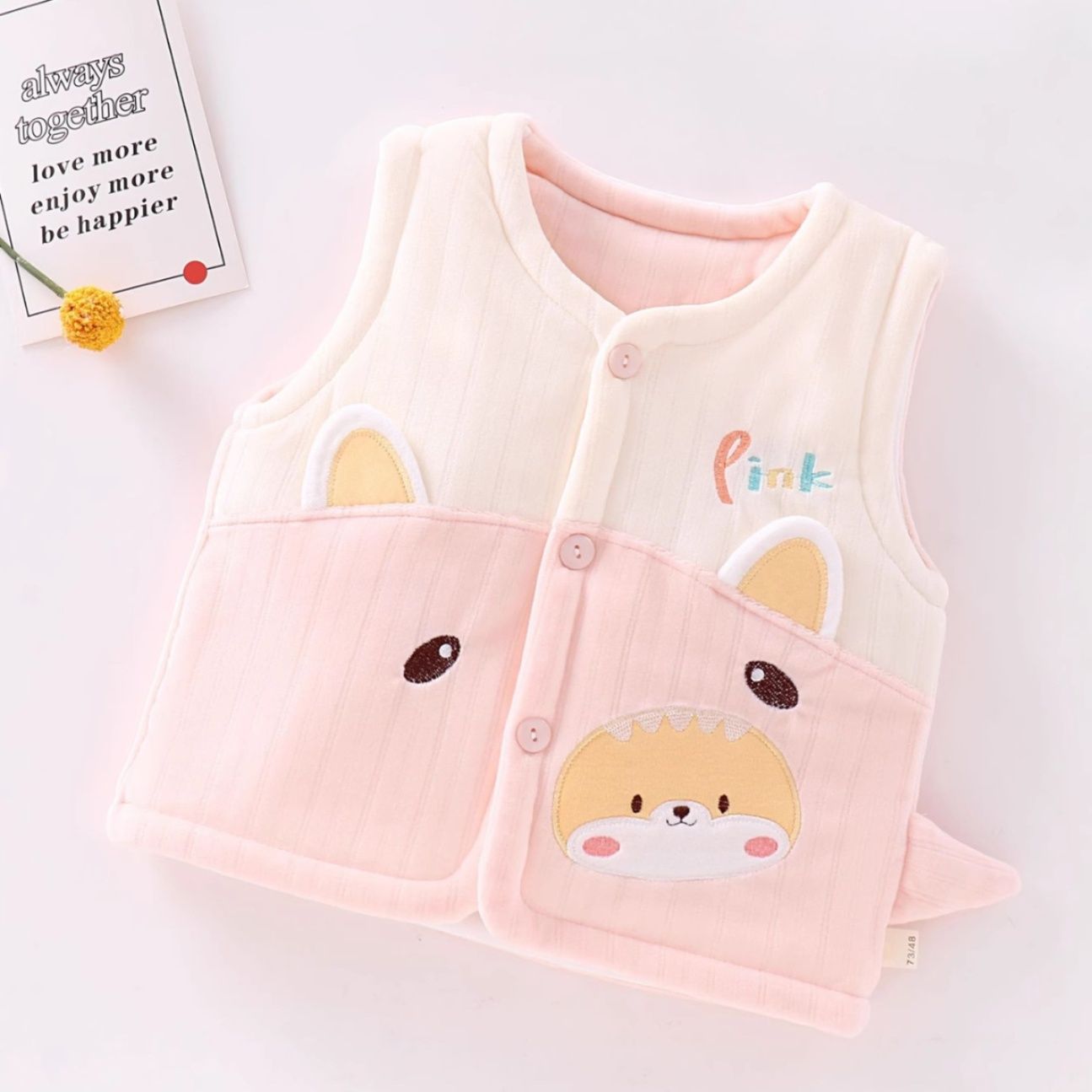 スリーパー かわいい犬顔刺繍入り前開き厚手ベスト型スリーパー