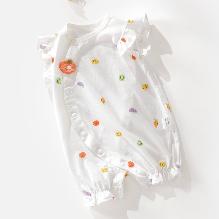 野菜刺繍フリル袖新生児スリーパー