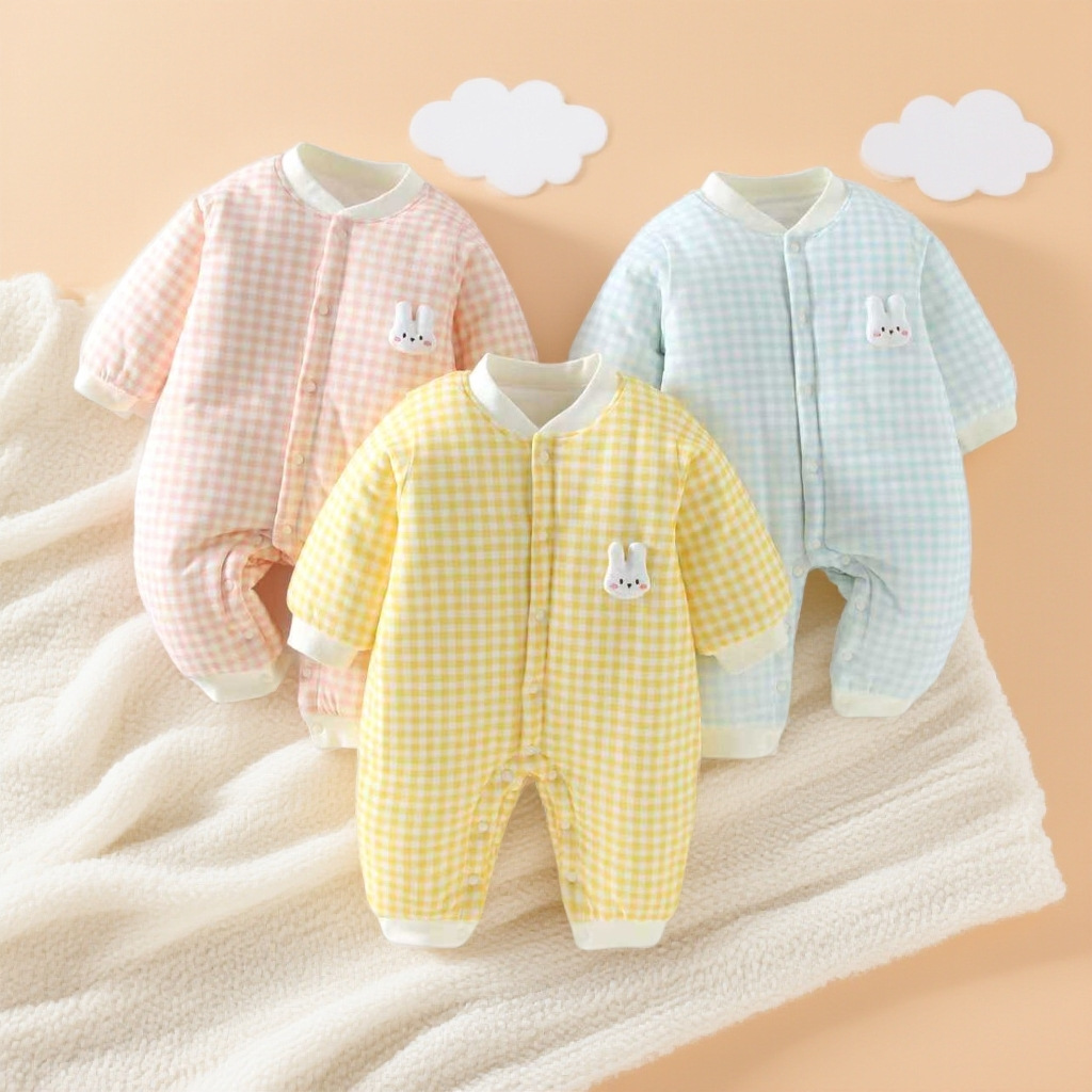 スリーパー うさぎワッペン付きギンガムチェック長袖スリーパー