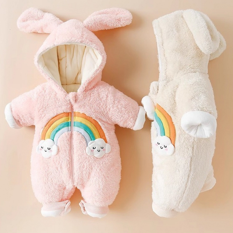 スリーパー うさぎ耳フード付き虹刺繍厚手スリーパー