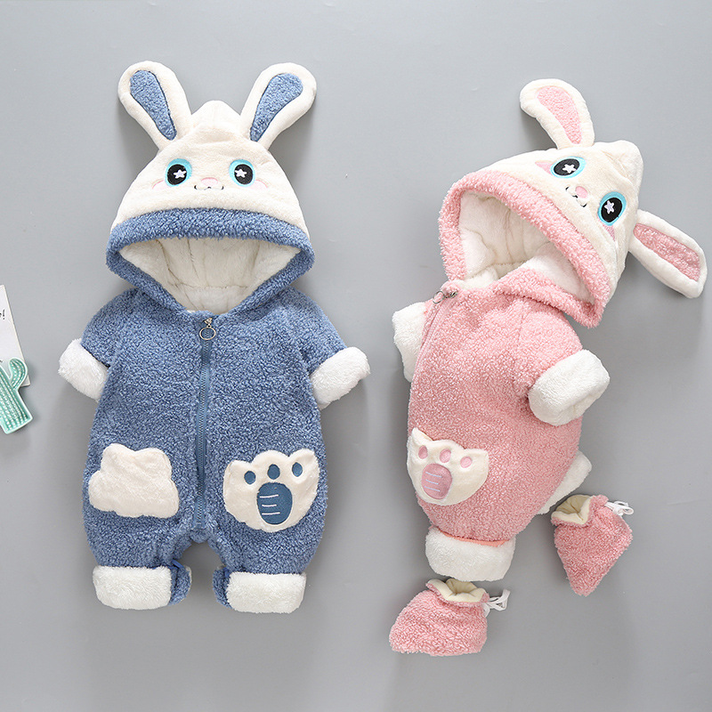 スリーパー うさぎ耳フード付き厚手ふわふわ全身つなぎスリーパー