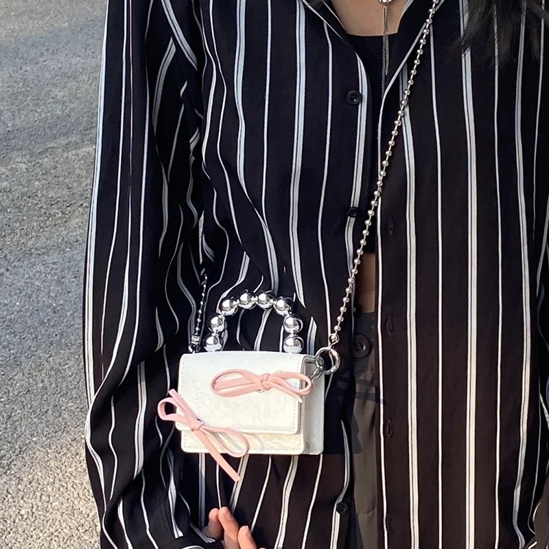 ミニ ショルダーバッグ パール持ち手リボン付き　レディース