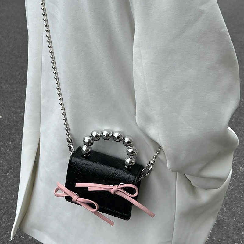 ミニ ショルダーバッグ パール持ち手リボン付き　レディース