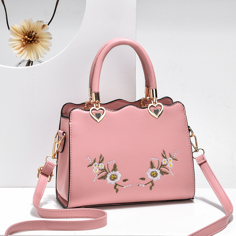 ミニ ショルダーバッグ 花刺繍ハート金具付き二つ持ちミニハンドバッグ