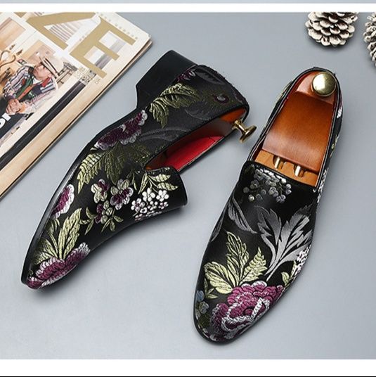 スリッポン レザー メンズ 花柄刺繍レザースリッポン紳士靴