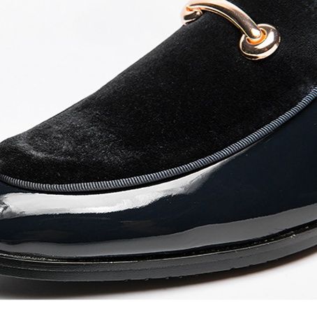 メンズ スリッポン 金属装飾付きベルベット切替エナメル革靴