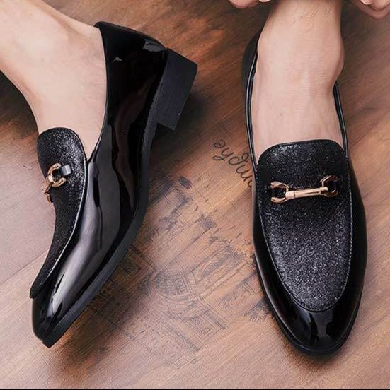 メンズ スリッポン 金属装飾付きラメ切替エナメル革靴