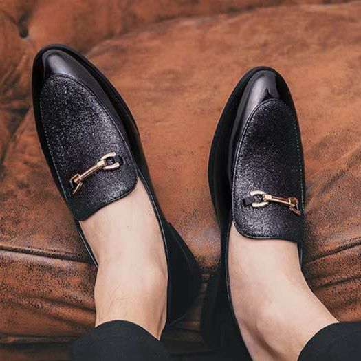 メンズ スリッポン 金属装飾付きラメ切替エナメル革靴