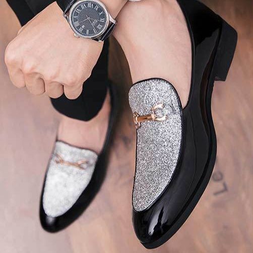 メンズ スリッポン 金属装飾付きラメ切替エナメル革靴