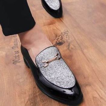 メンズ スリッポン 金属装飾付きラメ切替エナメル革靴