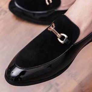 メンズ スリッポン 金属装飾付きラメ切替エナメル革靴