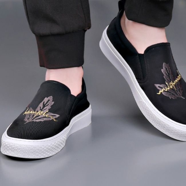 メンズ スリッポン 刺繍デザイン カジュアル キャンバス スリッポン