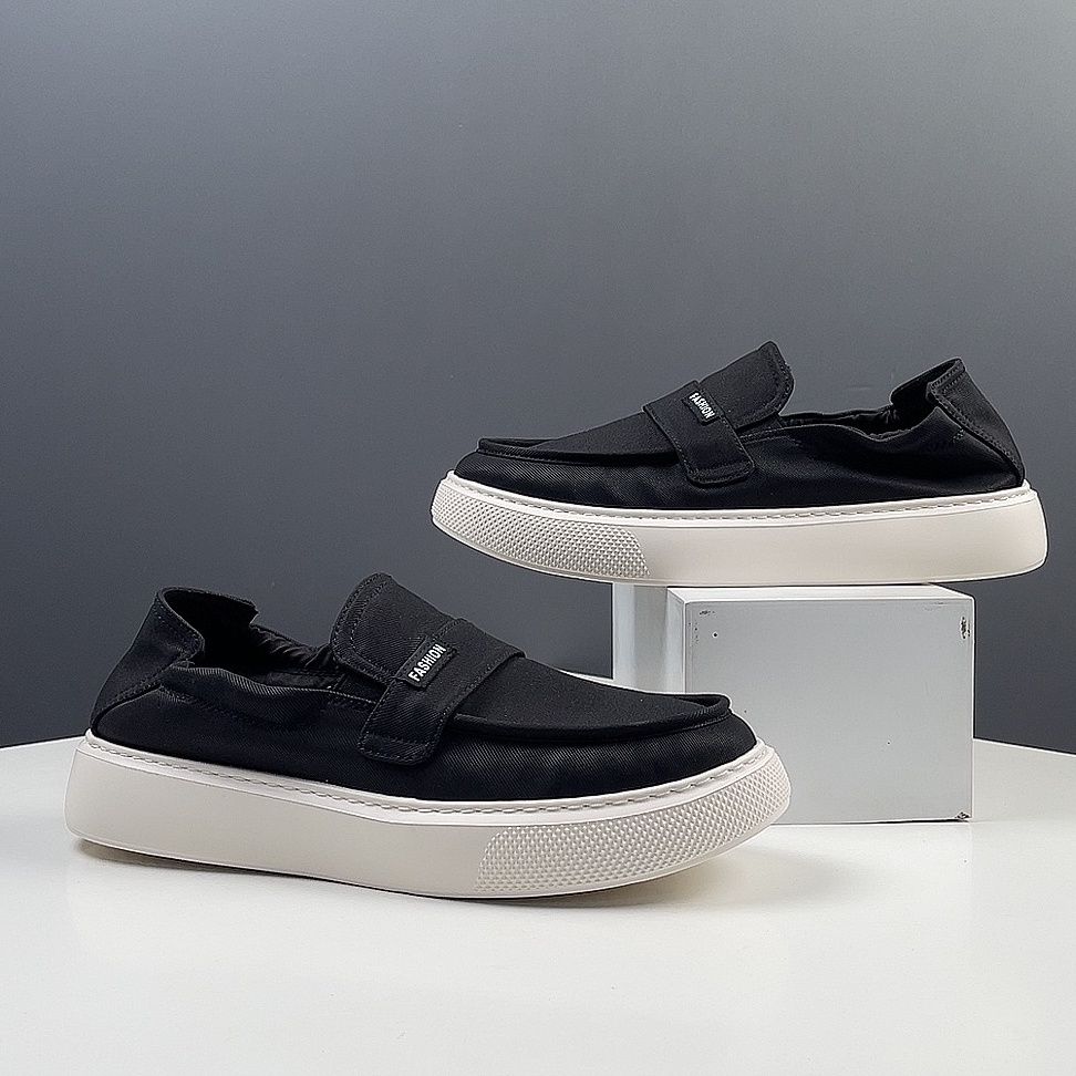 メンズ スリッポン 厚底キャンバス地ベルクロストラップ式スリッポン