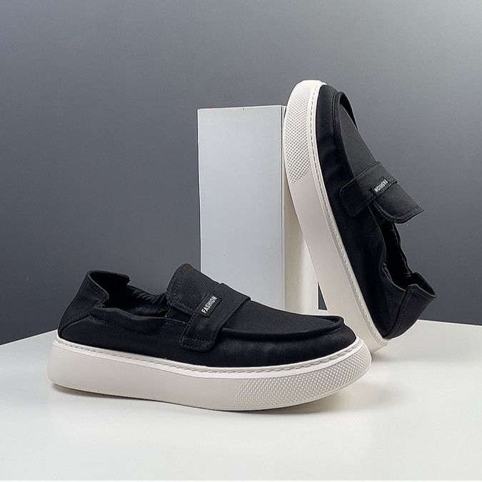 メンズ スリッポン 厚底キャンバス地ベルクロストラップ式スリッポン