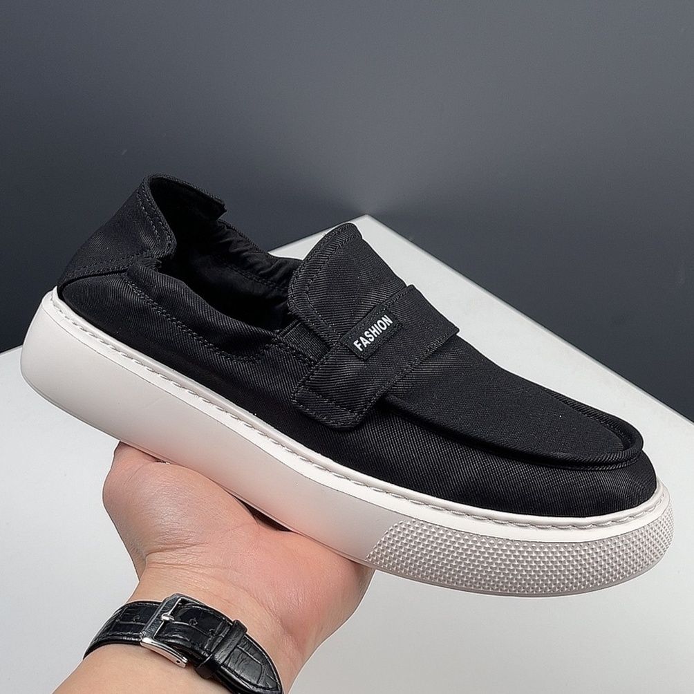 メンズ スリッポン 厚底キャンバス地ベルクロストラップ式スリッポン