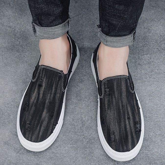 メンズ スリッポン ヴィンテージ風ダメージ加工キャンバススリッポン