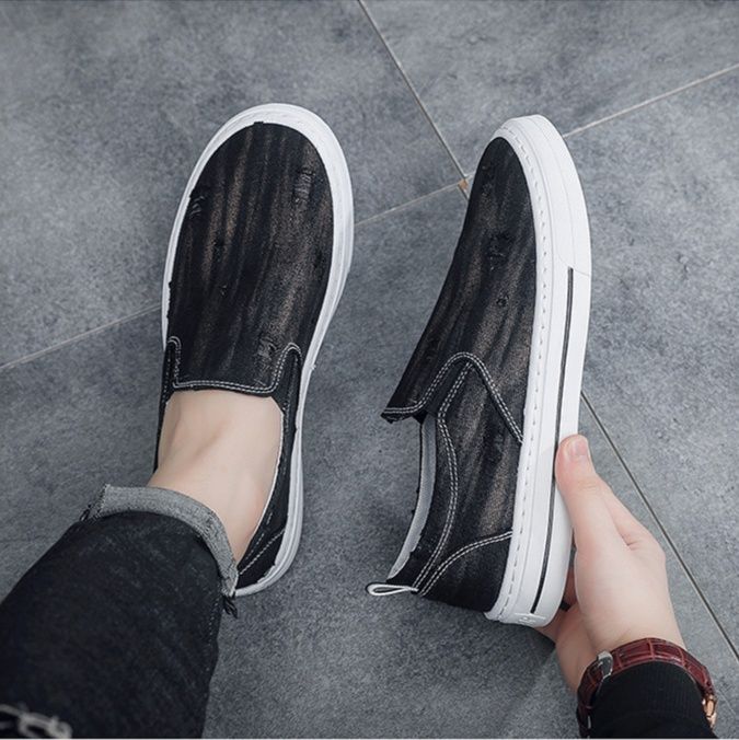 メンズ スリッポン ヴィンテージ風ダメージ加工キャンバススリッポン