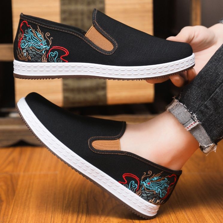 メンズ スリッポン キャンバス龍刺繍入り和風デザインメンズ用