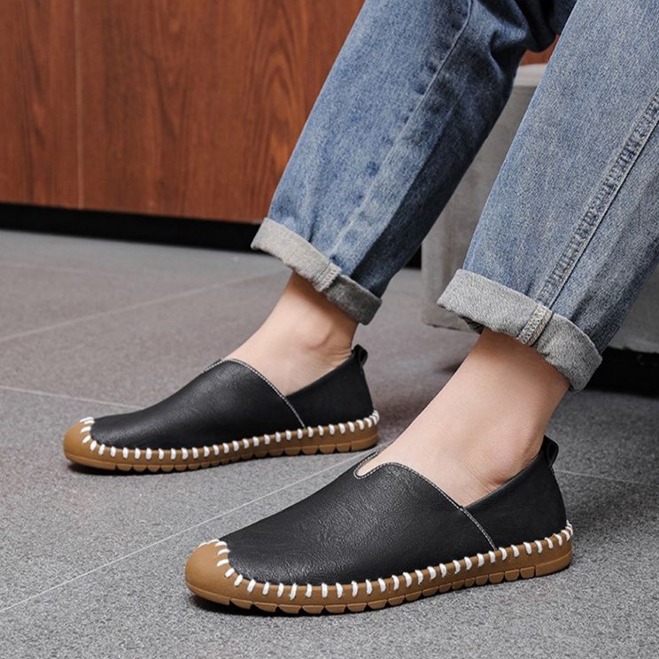 メンズ スリッポン 手縫いステッチ本革軽量カジュアルスニーカー