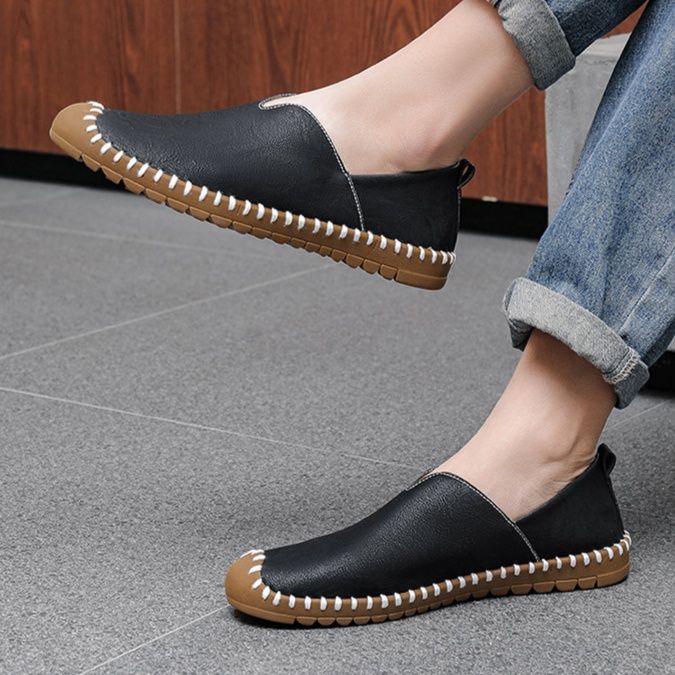 メンズ スリッポン 手縫いステッチ本革軽量カジュアルスニーカー