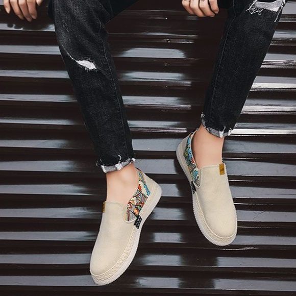 メンズ スリッポン 幾何学模様切替キャンバス地軽量スリッポン