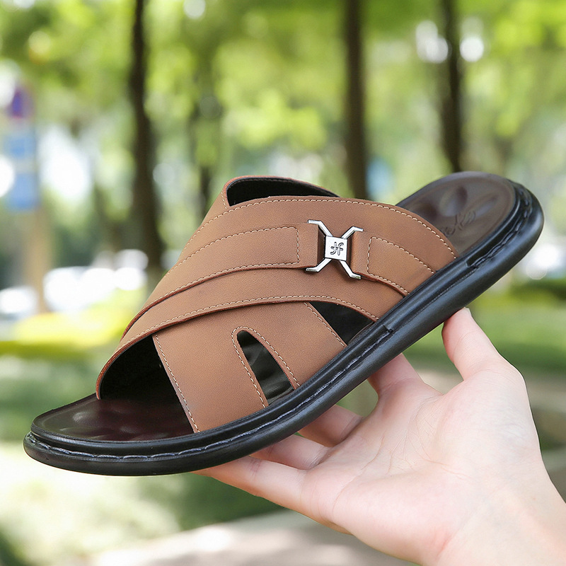 メンズ スリッポン 金具付きクロスストラップレザーサンダル
