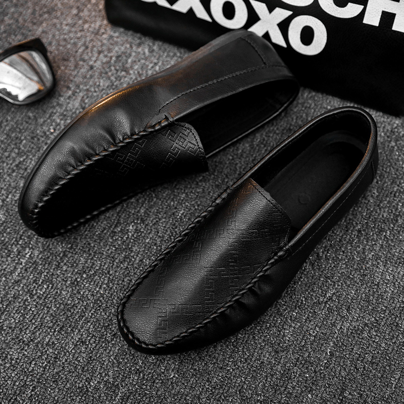 メンズ スリッポン 幾何学模様型押し本革運転靴