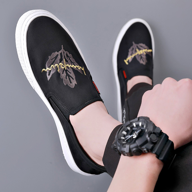 メンズ スリッポン 刺繍デザイン カジュアル キャンバス スリッポン