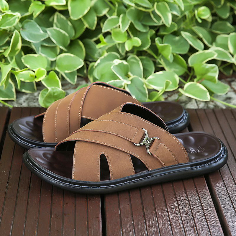 メンズ スリッポン 金具付きクロスストラップレザーサンダル