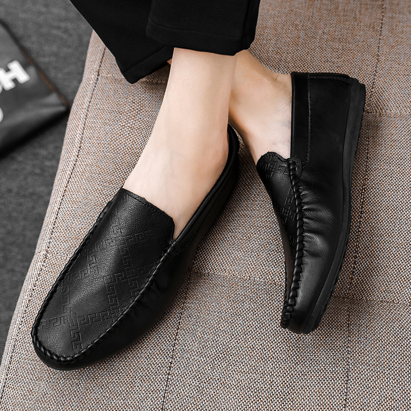 メンズ スリッポン 幾何学模様型押し本革運転靴