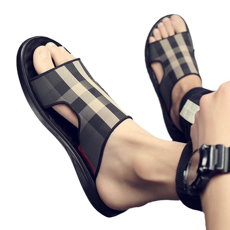 メンズ スリッポン チェック柄メッシュ素材のサンダル