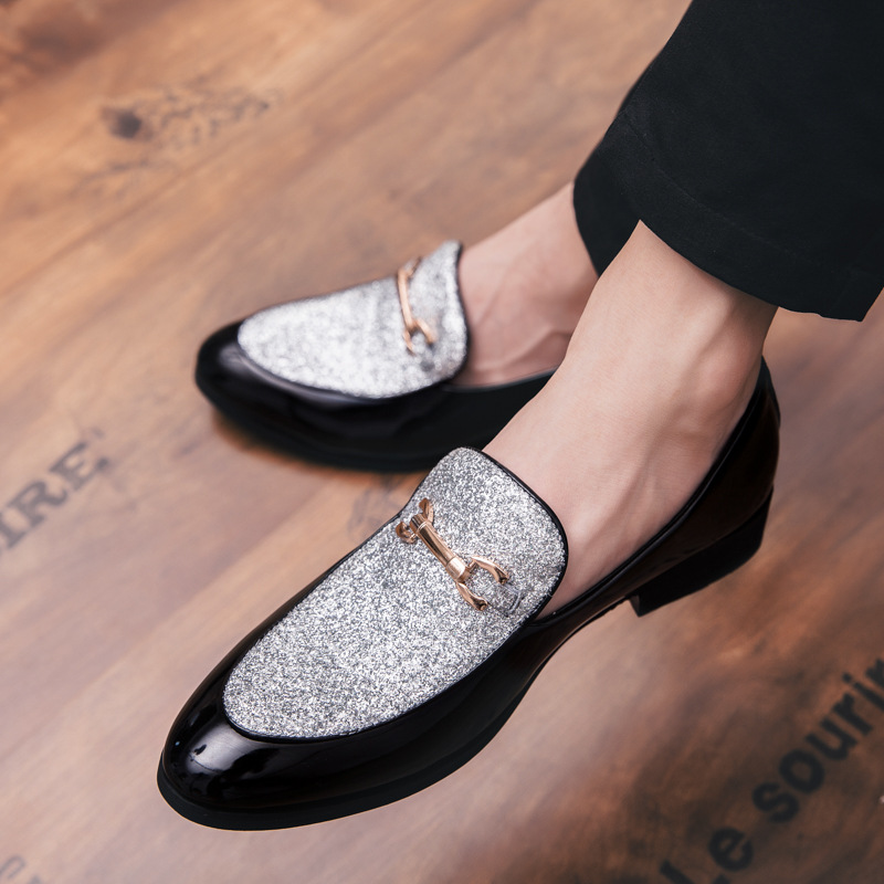 メンズ スリッポン 金属装飾付きラメ切替エナメル革靴