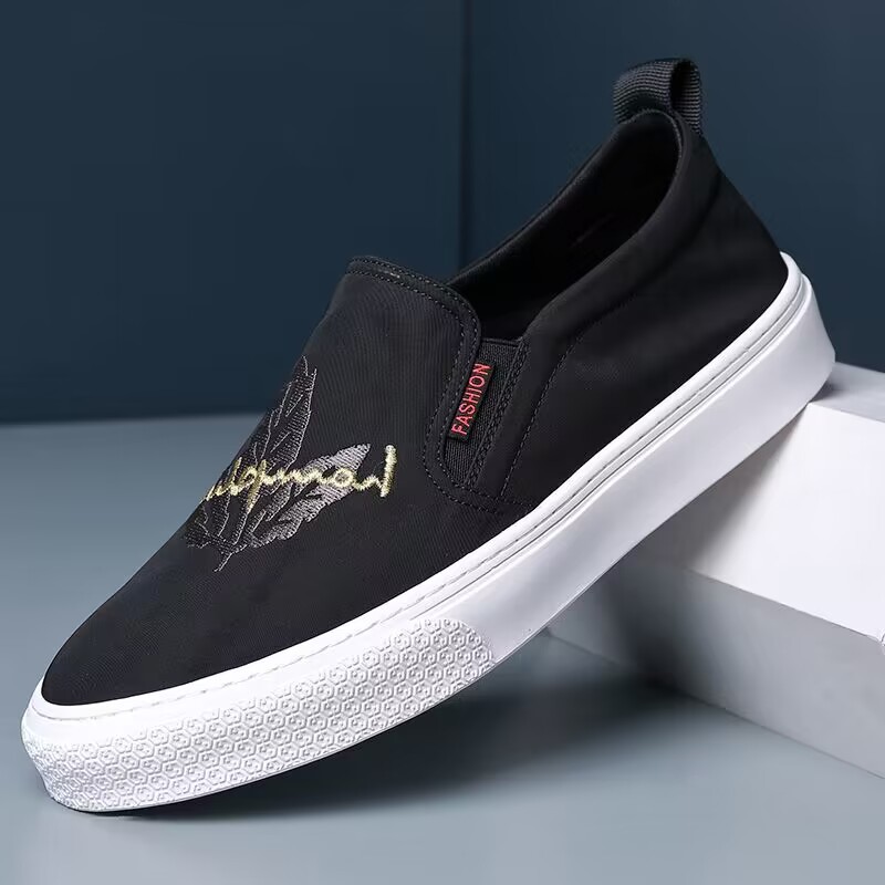 メンズ スリッポン 刺繍デザイン カジュアル キャンバス スリッポン