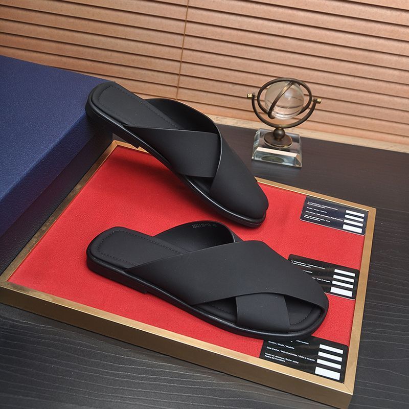 メンズ スリッポン 本革クロスストラップ室内外兼用サンダル