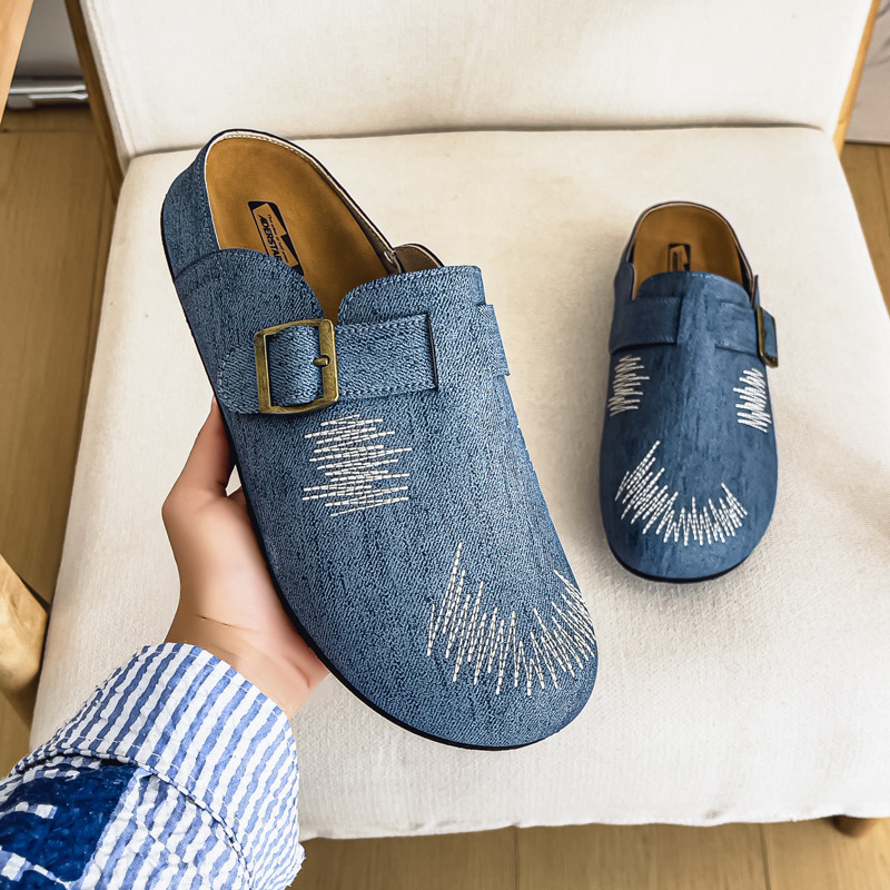 メンズ スリッポン 刺繍デザインキャンバス地スリッポンサンダル
