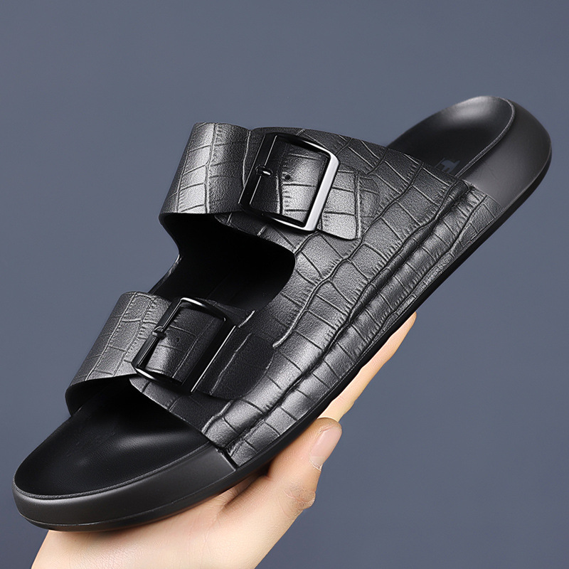 メンズ スリッポン 型押しクロコダイル柄ダブルバックルレザーサンダル