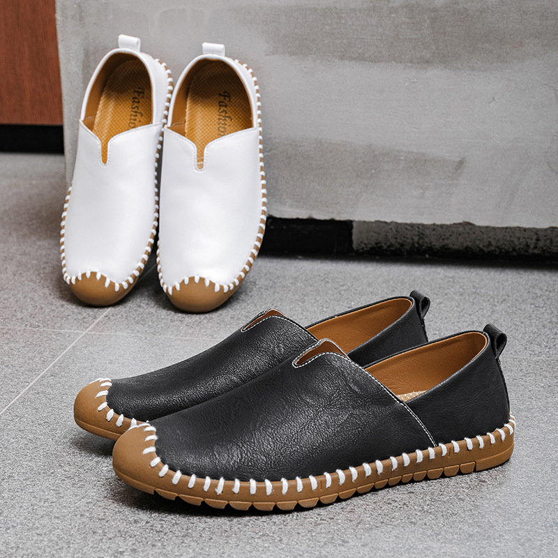 メンズ スリッポン 手縫いステッチ本革軽量カジュアルスニーカー