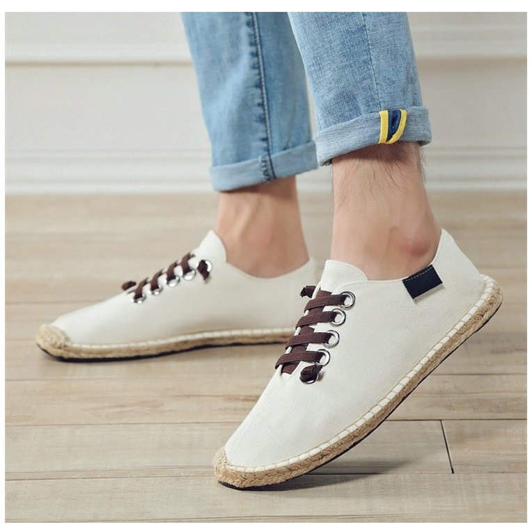 メンズ 帆布 麻底靴 紐付き スリッポン 夏靴