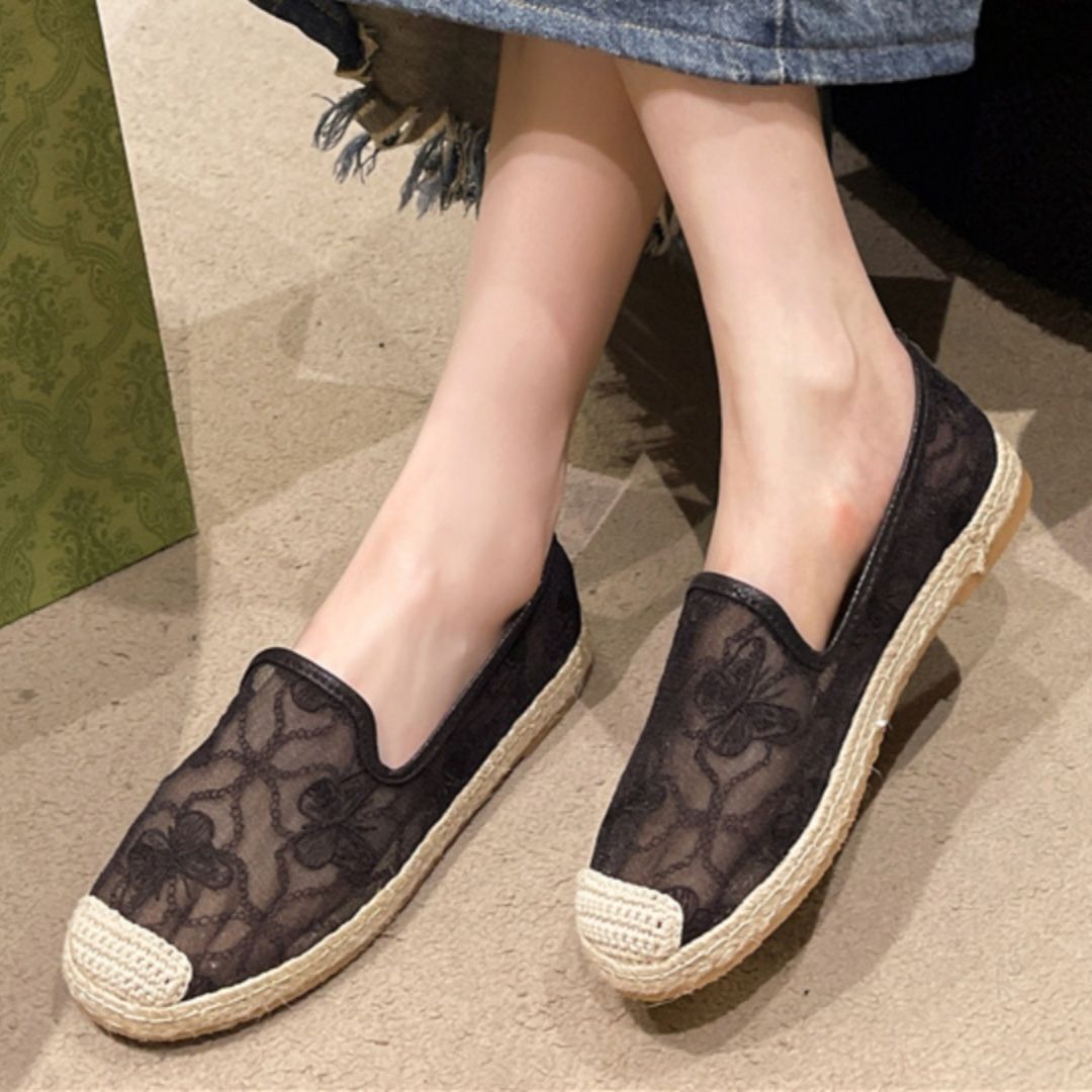スリッポン 透かし蝶々刺繍メッシュスリッポン