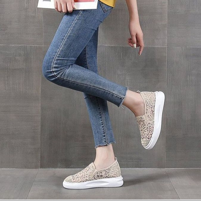 レディース花柄レースメッシュスリッポン厚底靴