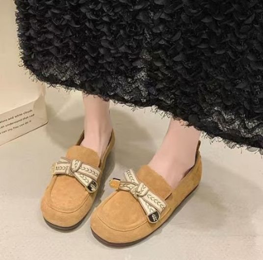 スリッポンレディース スカーフ風リボン付きローファースリッポン