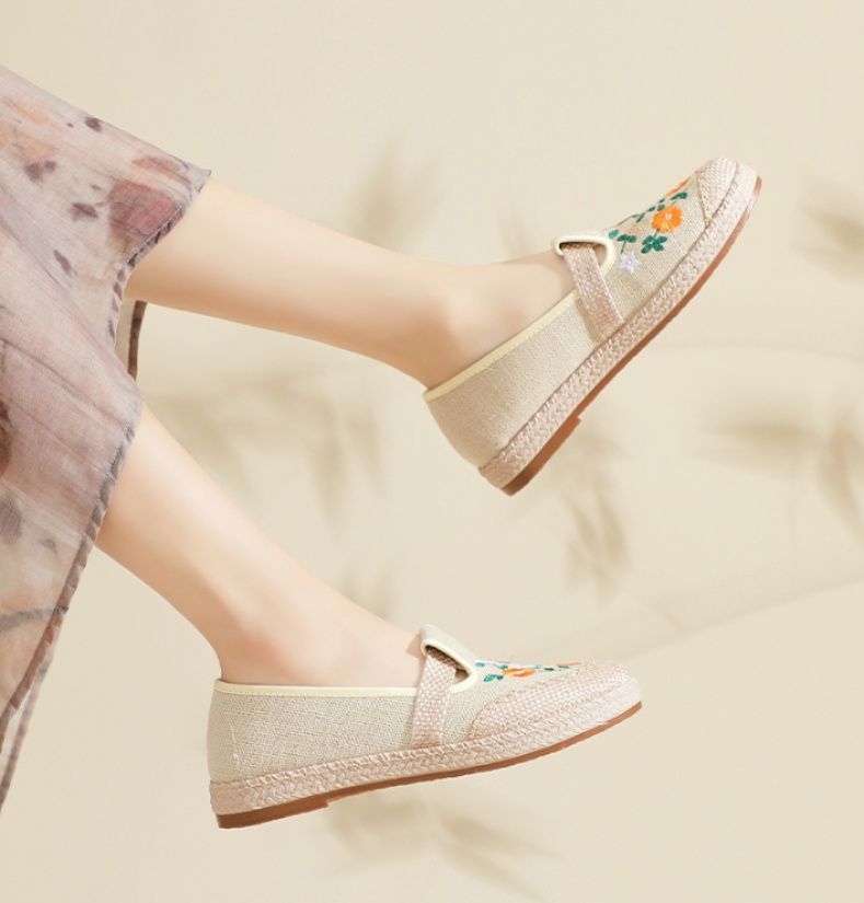 スリッポンレディース 花刺繍リネン素材エスパドリーユスリッポン