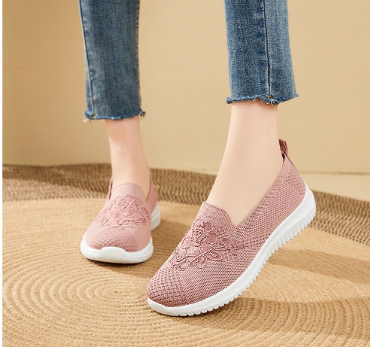 スリッポン レディース花刺繍メッシュ軽量スリッポン