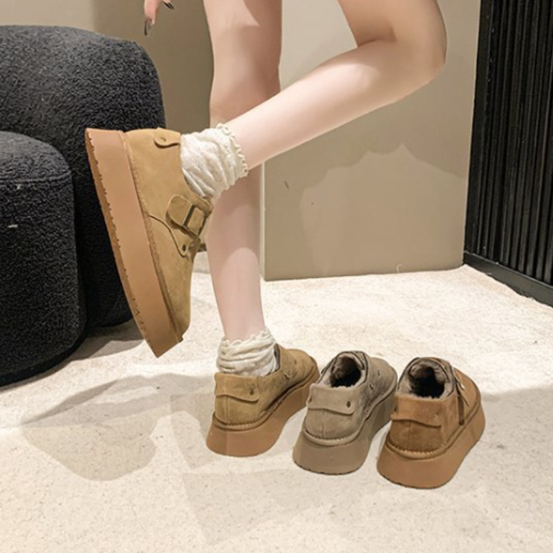 レディース裏ボア厚底スリッポン秋冬保温スエード調幅広靴