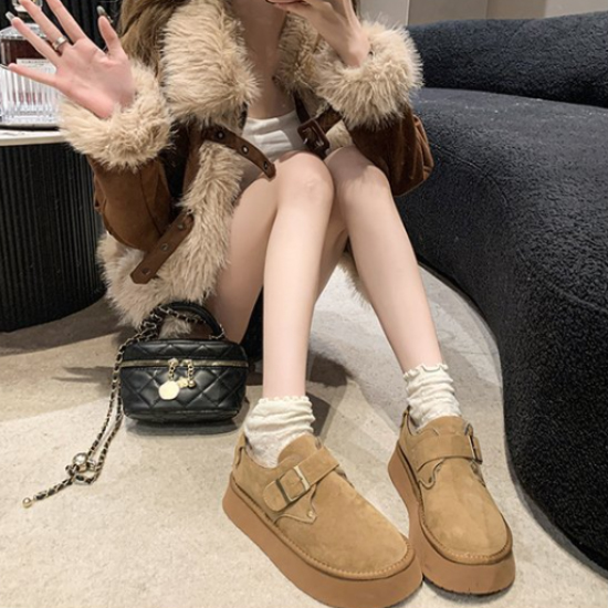 レディース裏ボア厚底スリッポン秋冬保温スエード調幅広靴